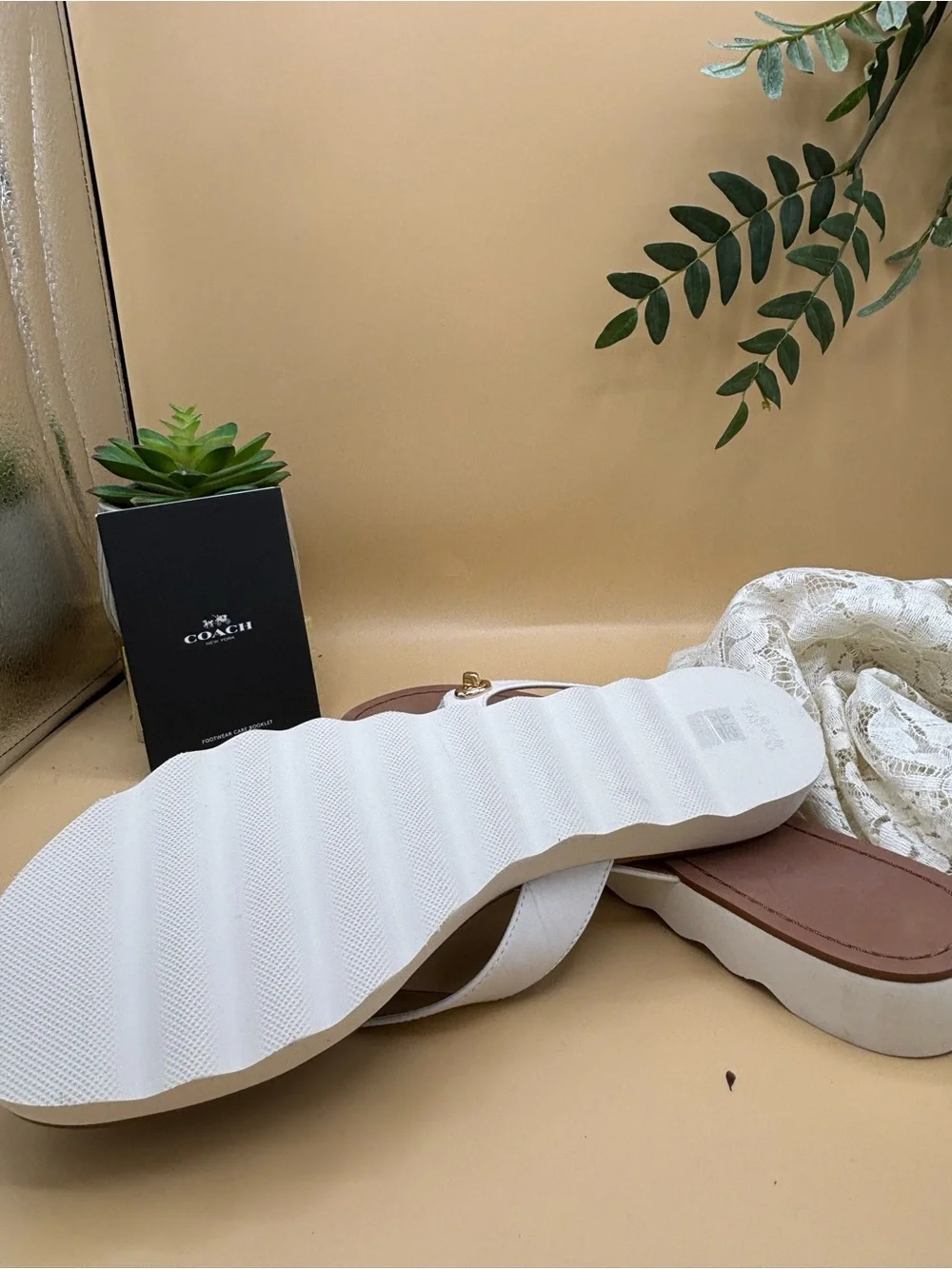 Coach White Leather Thong Sandals with Brown Footbed and Gold Logo